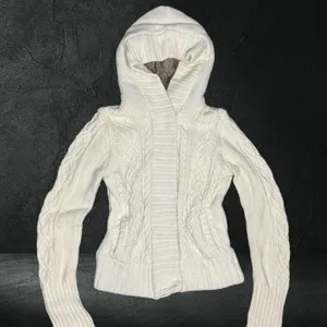 Vtg Y2k American‎ Eagle Cream Cableknit Hooded Sherpa Lined Zip Up Jacket Size M thumbnail 2