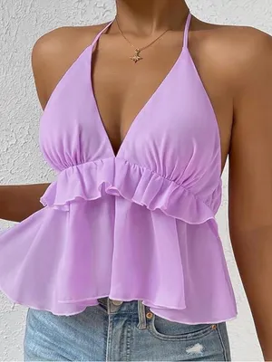 UUE Women's Purple Solid Halter V-Neck Ruffle Backless Tank Top, Size S thumbnail 1