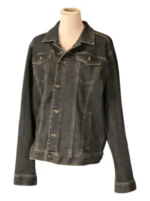 George Men's Large Black Acid Wash Denim Jacket Dark Charcoal Trucker Jean Coat L thumbnail 1