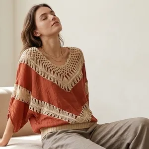 Umgee Rust Crochet‎ Fringe Batwing Top Boho V-Neck Lightweight Blouse Small thumbnail 1