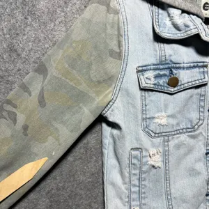 Billabong Womens Denim Jacket Camo Sleeve Hooded Distressed Light Wash Medium thumbnail 6