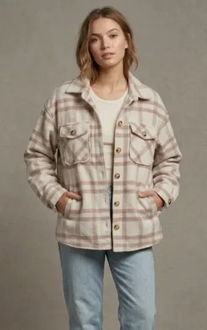 Thread & Supply Plaid Shacket Beige Ivory Size Small thumbnail 1