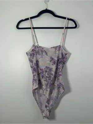 Free People Intimately Ivory Purple Floral Mesh Corset Bodysuit Size Large NWT thumbnail 4