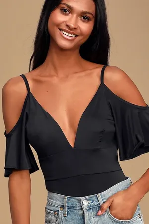 Lulus‎ Slay It With Me Black Off Shoulder Bodysuit XS Flutter Sleeve Sexy Chic thumbnail 1
