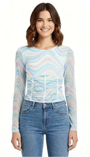 Madden NYC Pastel Corset Ruched Top in Nantucket Breeze Size XL thumbnail 1