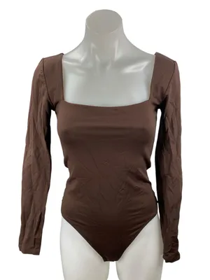Aritzia Babaton Women's Brown Long Sleeve Square Neck Thong Bodysuit Size M thumbnail 1