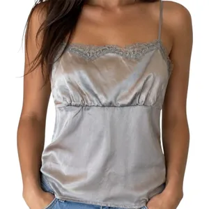 NY&C Camisole Babydoll Silky Y2K Lace Ruched Adjustable Straps Gray Small thumbnail 1