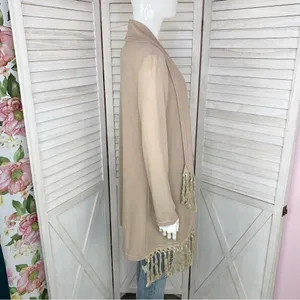 Boho‎ Fringe Hem Waterfall Cardigan Knit Khaki Tan Small Open Front Long Sleeve thumbnail 3