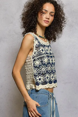 POL Round Neck Sleeveless Floral Pattern Crochet Top Blue thumbnail 2