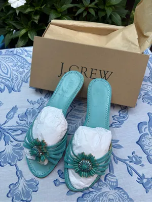 J Crew LYLA ITALIAN LEATHER SLIDES Sz 9 Fabulous Strappy Sandal Turquoise Shoes thumbnail 2