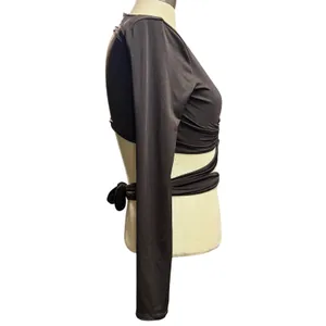 Top Chic L Long Sleeve O-Ring Wrap Crop Top Brown Y2K Clubwear‎ Night Out thumbnail 3