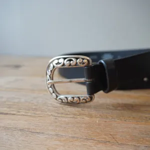 Genuine Italian Leather Western Scroll Buckle Belt Black Silver Size S USA Made thumbnail 3