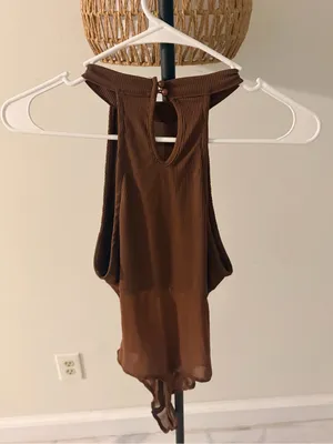Iris Brown Ribbed Halter Top with Sheer Hem thumbnail 4