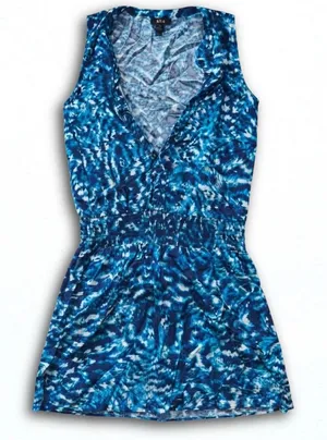 a.n.a A New Approach Blue Abstract Tie Dye Smocked Waist V-Neck Mini Dress S thumbnail 1