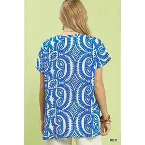 Umgee Geometric Print V-Neck Short Sleeve Top - Large thumbnail 3
