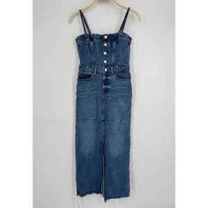 Reformation Tazz Maxi Denim Dress 0 Blue Button Front Slit Spaghetti Strap‎ Raw thumbnail 4