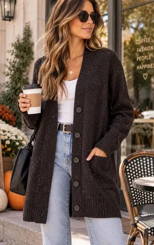 Something Navy Women's M Long Cardigan Brown Multicolor Speckled Button Front thumbnail 1