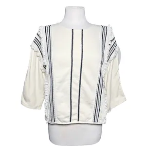 ANTHROPOLOGIE ERI + ALI Women’s Boho Santillana Fringed Cream Top thumbnail 4