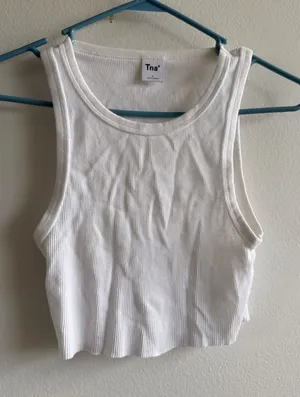 Tna‎ Aritzia White Ribbed Cropped Racerback Tank Top High Neck Small cut thumbnail 1