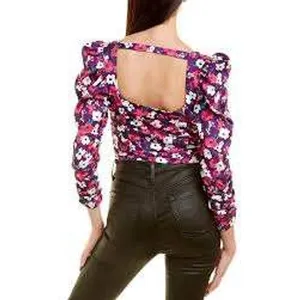 For Love‎ & Lemons Penny Purple Floral Ruched Puff Sleeve Crop Top Small Revolve thumbnail 2