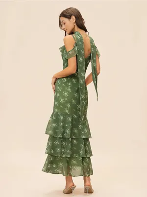 Rihoas Green Floral Ruffled Cold-Shoulder Maxi Dress thumbnail 9
