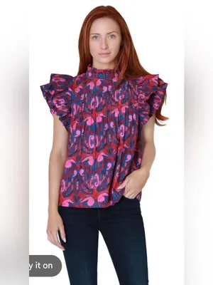 Oliphant Pintuck Blue and Burgundy Floral Ruffle-Sleeve Blouse large thumbnail 8