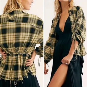 Free‎ People Pacific Dawn Plaid Shirt black green tan sz L thumbnail 2