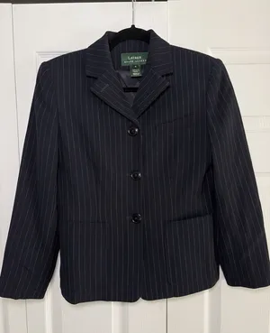 Lauren Ralph Lauren Pinstripe Blazer Womens Size 4 Navy Blue Worsted Wool Office thumbnail 1