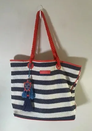 Vera Bradley Navy‎ and White Striped Beach Tote with Tassels GUC thumbnail 1