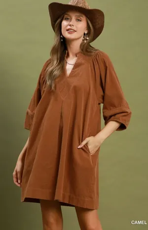 Umgee Corduroy V-Neck Puff Sleeve Shift Dress with Pockets - Camel - Small thumbnail 1