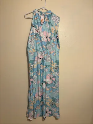 🌸 PrettyGarden Floral Midi Dress XL Blue Pink Sleeveless Mock Neck NWT thumbnail 9