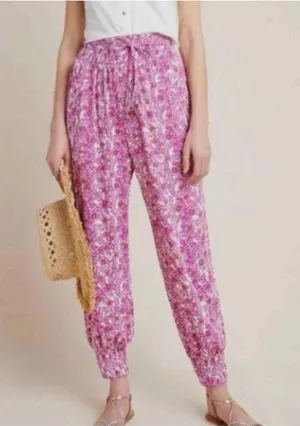 Anthropologie Smocked Printed Abstract Pink Floral Joggers Pants Medium Boho thumbnail 1