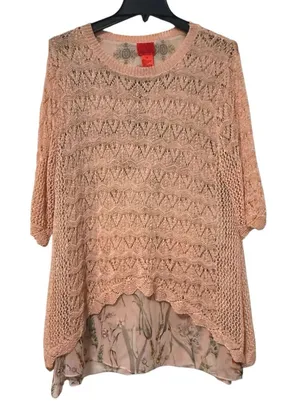 V‎ Christina Crochet Knit Scalloped Hem Sweater Peach Orange Size XL thumbnail 1