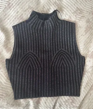 Sleeveless Metallic Black Stripe Mock Neck Crop Top thumbnail 1