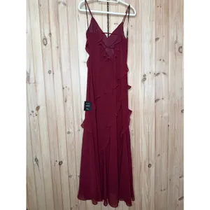 NWT Lulus Fancy Sweetness Wine Red Ruffled Lace-Up Sleeveless Maxi Dress Gala S thumbnail 6