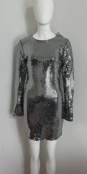 Women’s Silver Sequin Mini Dress Long Sleeve Bodycon Club Cocktail Size M NWT thumbnail 1