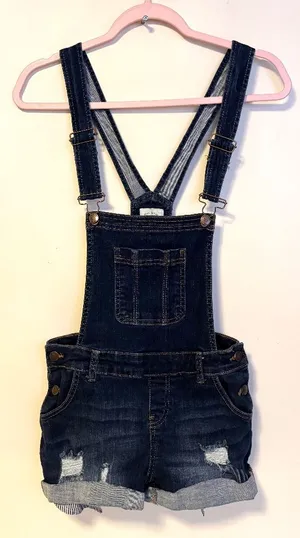 Wax Jean Distressed Denim Adjustable Overall Shorts Dark Blue Womens Size Small thumbnail 1
