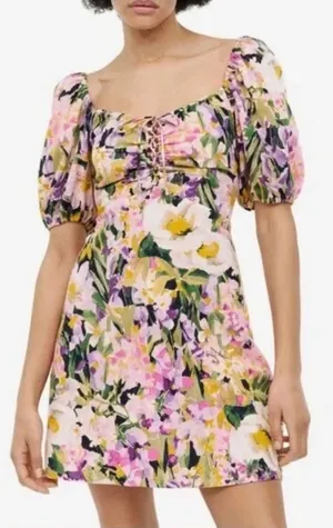 H&M Women’s Floral Cotton Pink Short Sleeve Spring Mini Dress Small thumbnail 1