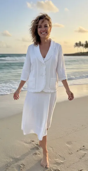 Kim Rogers Petite Linen Skirt Set White Ruffle Blazer & Midi Skirt Size PL Coast thumbnail 1