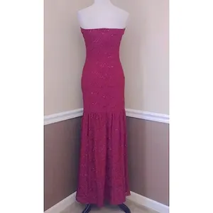 Strapless Burgundy Lace Maxi Dress with Sequins Mermaid Formal Party Holiday thumbnail 5