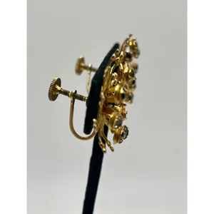 Vintage Gold Tone Cluster Starburst Statement Earrings Green‎ Stones Twist Backs thumbnail 4