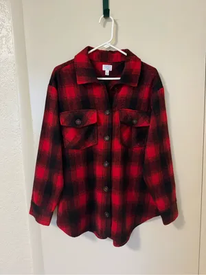 Time and Tru Red Black Buffalo Plaid Shacket Shirt Jacket Women's NWT Size L thumbnail 2