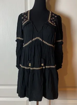 American Eagle Black Embroidered Boho Long Sleeve Mini Dress thumbnail 1