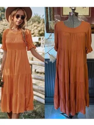 Bohme Bohemian Danae Tiered Camel Brown Midi Dress Sz Small 🍄 thumbnail 2