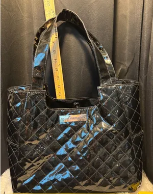 Michel Germain Black Patent Quilted Tote Bag Silver Logo Plaque Magnetic Snap thumbnail 1