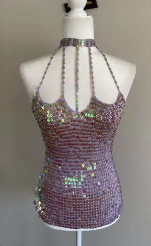 Sequined Lilac Crochet Halter Dress Top thumbnail 1