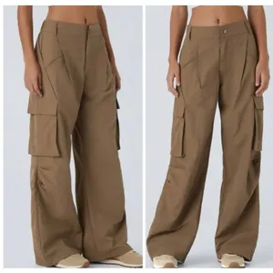 Halara Mid Rise Button Zipper Side Pocket Wide Leg Cargo Size Small Brown NWT thumbnail 4