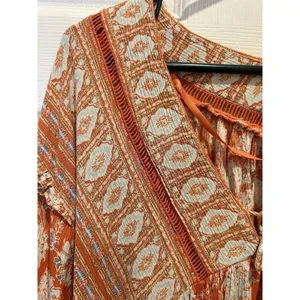 Free People Moonlight Dance Orange Floral Boho Tunic V-Neck Bell Sleeve Size M thumbnail 5