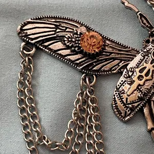 22” Necklace Silver Tone Beetle Pendant 4.5”W Stones Steampunk Goth Gothic thumbnail 5