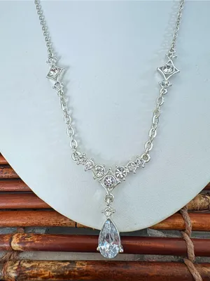 New York & Company Silver Teardrop Crystal Pendant Necklace 18”-21” thumbnail 2